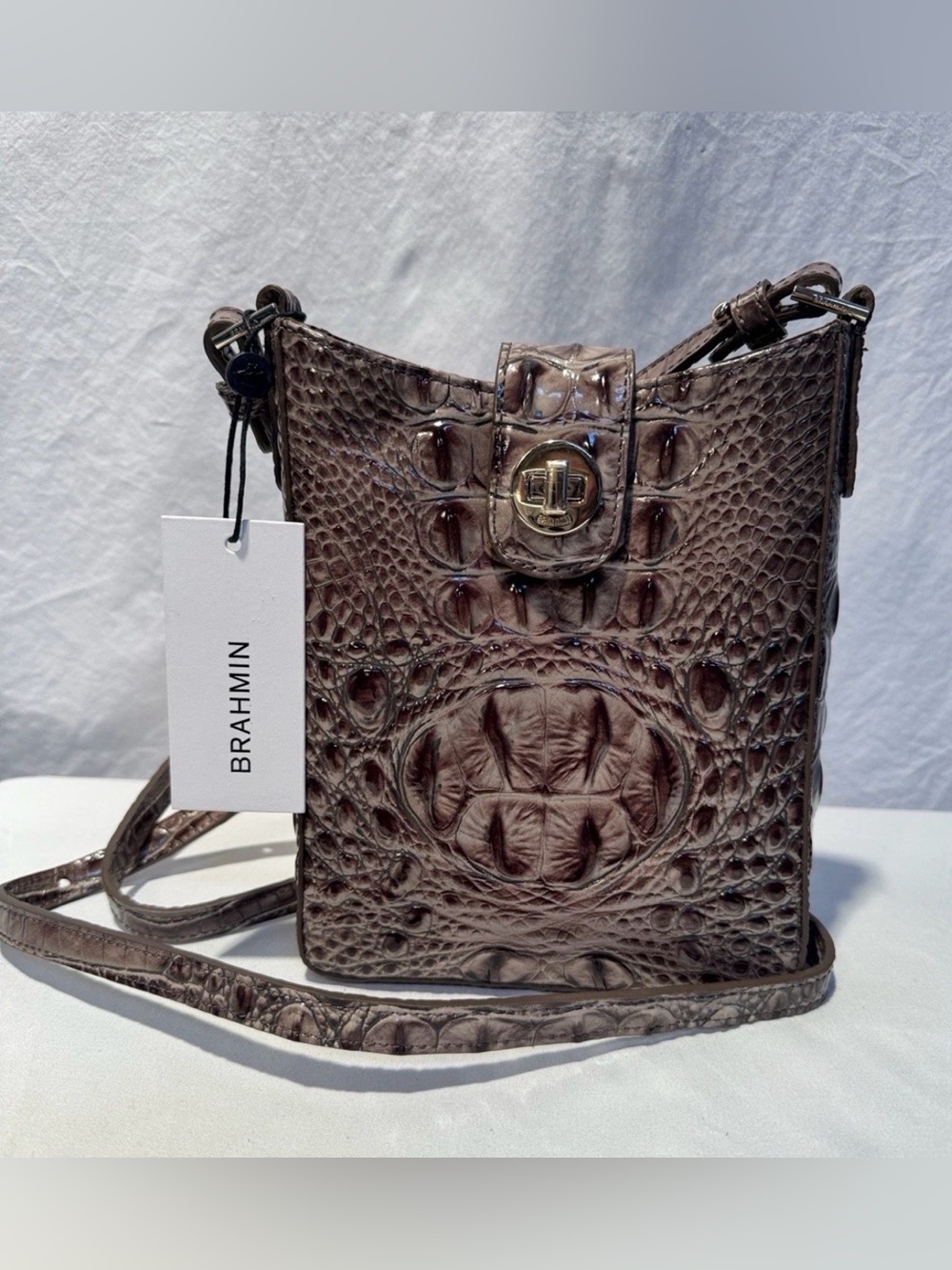 Brahmin Brown Croc-Embossed Leather Crossbody with Gold Turn-Lock